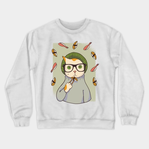 Hipster Cat eating Sushi Crewneck Sweatshirt by madeinchorley